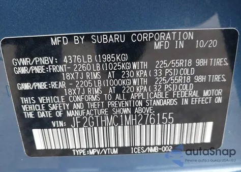 2021 Subaru Crosstrek Limited z USA, uszkodzony, nr VIN JF2GTHMC1MH276155